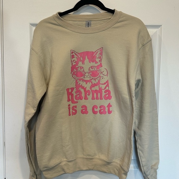 ⚡️2/$25⚡️Karma Cat Beige Pink Heavy Cotton Women’s Crewneck Sweater |Cat Lover😻 - Picture 3 of 6